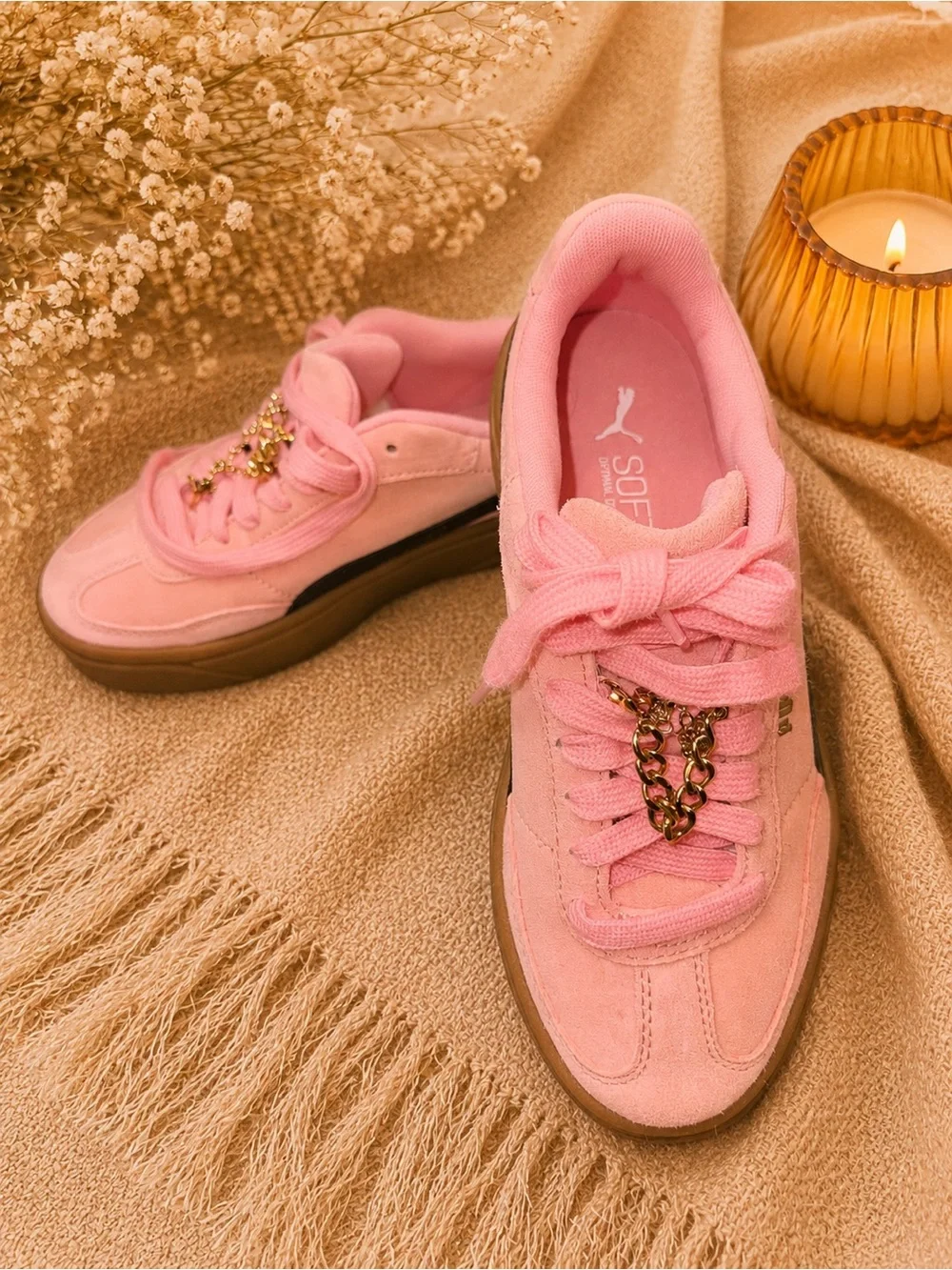 Puma Pink Suede Platform Women's Sneakers with Gold Chain Detail